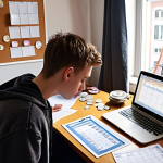 **Prompt:** A young adult, perhaps a student, looking stressed while reviewing a budget spreadsheet on a laptop. Scattered around are bills, coins, and a calendar marked with due dates. The setting is a small, cozy, but slightly cluttered apartment in Sweden. Emphasis on the financial challenges of a recent graduate trying to manage rent and expenses.