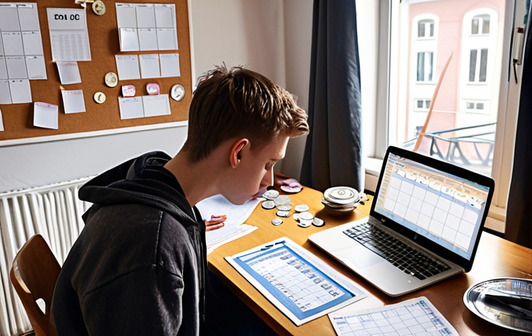 **Prompt:** A young adult, perhaps a student, looking stressed while reviewing a budget spreadsheet on a laptop. Scattered around are bills, coins, and a calendar marked with due dates. The setting is a small, cozy, but slightly cluttered apartment in Sweden. Emphasis on the financial challenges of a recent graduate trying to manage rent and expenses.
