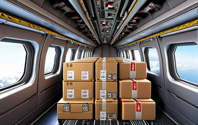 **
Prompt: Airplane cargo hold filled with various goods, highlighting different sizes and types of packages. Emphasis on efficient packing and space utilization. Visual representation of volumetric weight calculation.
**
