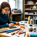 A focused, adult professional cosplayer, fully clothed in practical, modest crafting attire, diligently working on a costume. The workspace is well-organized yet filled with budget-friendly materials like cut EVA foam pieces, various fabric scraps, spools of thread, a hot glue gun, and a sewing kit. In the background, there's a subtle hint of repurposed second-hand items. The atmosphere is industrious and creative, with natural lighting. This image is safe for work, appropriate content, and family-friendly. It features perfect anatomy, correct proportions, a natural pose, well-formed hands, proper finger count, and natural body proportions. The photography style is professional, with high detail and vibrant colors.