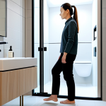 A professional woman in a modest, contemporary casual outfit, standing in a clean, brightly lit, modern Swedish bathroom. She is looking thoughtfully at a sleek, high-tech shower-WC (Japanese toilet style) integrated with a toilet, showcasing its elegant design. The bathroom features neutral-toned tiles, a minimalist vanity, and soft ambient lighting. The scene conveys a sense of comfort, hygiene, and smart home technology. Perfect anatomy, correct proportions, natural pose, well-formed hands, proper finger count. Professional photography, high quality, fully clothed, appropriate attire, safe for work, appropriate content, family-friendly.