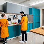 Student Kitchen Scene**

"A brightly lit communal kitchen in a student housing corridor, fully clothed students cooking and chatting, modest attire, safe for work, stainless steel appliances, clean countertops, realistic depiction, appropriate content, perfect anatomy, natural proportions, family-friendly."

**