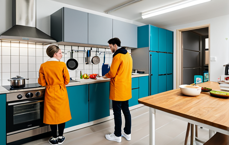 Student Kitchen Scene**
"A brightly lit communal kitchen in a student housing corridor, fully clothed students cooking and chatting, modest attire, safe for work, stainless steel appliances, clean countertops, realistic depiction, appropriate content, perfect anatomy, natural proportions, family-friendly."
**